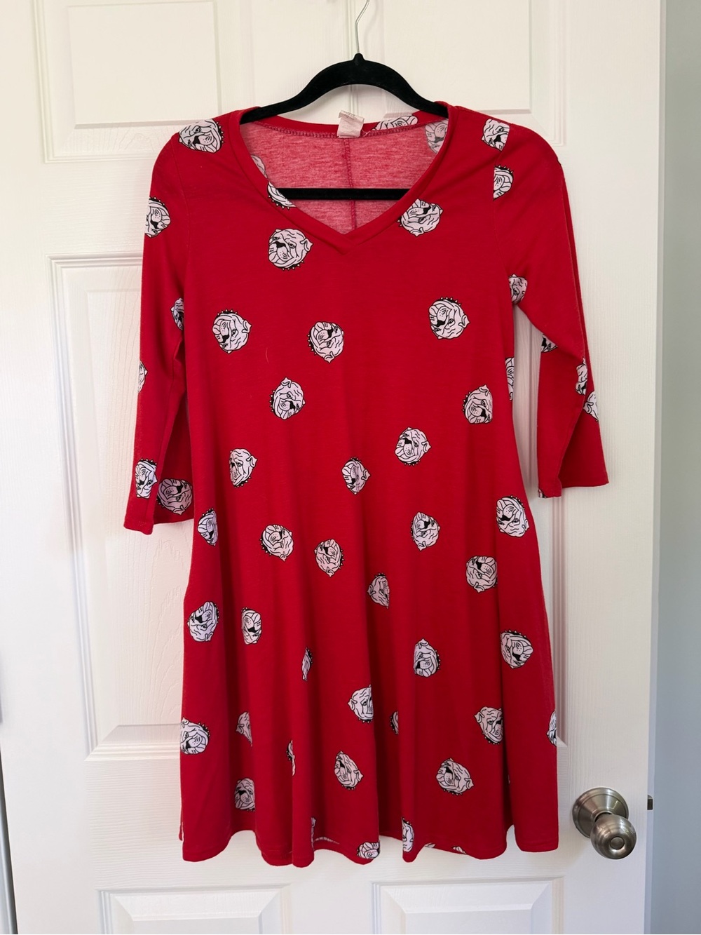 Red bulldog Print V-Neck A-Line Dress